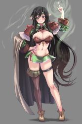 Rule 34 | 1girl, blush, boots, breasts, brown footwear, brown hair, brown thighhighs, cleavage, commission, crop top, elf, full body, gradient hair, grey background, hand on own hip, hey taisyou, highres, index finger raised, large breasts, long hair, looking at viewer, multicolored hair, original, pointy ears, simple background, single thighhigh, skeb commission, smile, solo, standing, thighhighs, very long hair