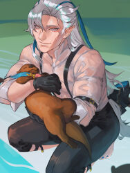 Rule 34 | 1boy, animal, arm belt, arm strap, barefoot, black gloves, black pants, blue hair, blue nails, carrying, closed mouth, collared shirt, genshin impact, gloves, grey hair, hair between eyes, holding, holding animal, lips, long hair, looking at viewer, low-tied long hair, male focus, mature male, multicolored hair, nail polish, neuvillette (genshin impact), no coat, otter, pants, pointy ears, purple eyes, shirt, shoes, sleeves pushed up, slit pupils, smile, squatting, streaked hair, surfacage, suspenders, toenails, two-tone hair, unworn shoes, very long hair, water, wet, wet clothes, wet face, wet hair, wet shirt, white hair, white shirt