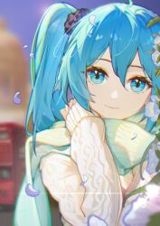 Rule 34 | 1girl, absurdres, black scrunchie, blue eyes, blue hair, blurry, blurry background, chinese commentary, closed mouth, commentary, english commentary, hair between eyes, hair ornament, hair scrunchie, hatsune miku, highres, looking at viewer, miku day, mixed-language commentary, petals, ribbed sweater, scarf, scrunchie, short hair, smile, solo, sweater, twintails, upper body, vocaloid, white sweater, zuiai gongzhu dianxia
