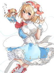 Rule 34 | 1girl, alice margatroid, alternate hairstyle, arm up, back bow, belt, blonde hair, blue bow, blue dress, blue eyes, blush, boots, bow, bowtie, breasts, brown hair, capelet, closed mouth, commentary request, doll, dress, eyes visible through hair, flying, frills, grey footwear, hair between eyes, hairband, hands up, heart, highres, light brown hair, long hair, looking at viewer, medium breasts, red bow, red bowtie, red hairband, scepter, shanghai doll, shironeko yuuki, short hair, short sleeves, simple background, smile, solo, split mouth, standing, thighhighs, touhou, twintails, v, white background, white belt, white bow, white capelet, white thighhighs, wings, wrist cuffs