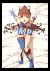 Rule 34 | 1girl, arm support, black border, border, breasts, brown hair, circlet princess, kuroda reina, long hair, looking at viewer, looking up, open mouth, outside border, red eyes, sample watermark, solo, sweat, tagme, watermark