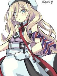 Rule 34 | 10011018, 1girl, beret, blonde hair, blue eyes, cowboy shot, dress, gloves, hair between eyes, hat, kantai collection, long hair, looking at viewer, mole, mole under eye, multicolored clothes, multicolored dress, multicolored legwear, multicolored scarf, richelieu (kancolle), scarf, shirt, simple background, solo, strapless, strapless dress, twitter username, white background, white gloves, white hat, white shirt