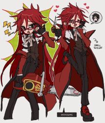 1boy black_footwear black_pants blush chainsaw chibi coat glasses grell_sutcliff highres holding holding_chainsaw holding_scissors jwnn kuroshitsuji long_hair male_focus open_mouth pants red_hair red_theme scissors sebastian_michaelis sharp_teeth shoes simple_background smile solo teeth trench_coat tuxedo_shirt white_background