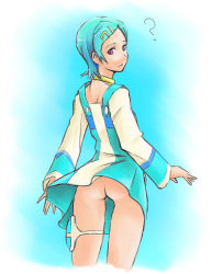 Rule 34 | 00s, 1girl, ?, aqua hair, ass, blue hair, clothes lift, eureka (eureka seven), eureka seven, eureka seven (series), gradient background, long sleeves, looking back, no panties, purple eyes, skirt, skirt lift, solo, thigh strap, wind, wind lift