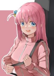 Rule 34 | 1girl, absurdres, blue eyes, blush, bocchi the rock!, breasts, commentary, cube hair ornament, embarrassed, gotoh hitori, guitar case, hair ornament, highres, instrument case, jacket, long hair, looking at viewer, medium breasts, one side up, pink hair, pink track suit, sidelocks, solo, takahashi masaki, track jacket, upper body