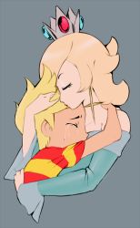 Rule 34 | 1boy, 1girl, bare shoulders, blonde hair, closed eyes, crown, crying, cutegraphite, earrings, grey background, hand on another&#039;s head, hug, jewelry, long hair, lucas (mother 3), mario (series), mother (game), mother 3, nintendo, rosalina, shirt, striped clothes, striped shirt, super mario galaxy, super smash bros., tears, upper body