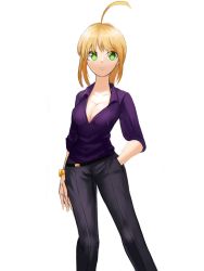 Rule 34 | 1girl, ahoge, alternate costume, artoria pendragon (all), artoria pendragon (fate), blonde hair, breasts, cleavage, collarbone, fate/grand order, fate (series), green eyes, hand in pocket, highres, looking at viewer, medium breasts, parted lips, saber (fate), solo, sookmo, standing, watch, wristwatch