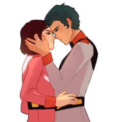 Rule 34 | 1boy, 1girl, belt, black belt, bright noa, brown hair, commentary, couple, english commentary, eye contact, from side, glacialstarwort, green hair, grey jacket, gundam, hands on another&#039;s cheeks, hands on another&#039;s face, hands on another&#039;s waist, hetero, highres, jacket, long sleeves, looking at another, military uniform, mirai yashima, mobile suit gundam, pink jacket, profile, short hair, smile, uniform