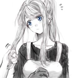 Rule 34 | 1girl, :&lt;, ^^^, apron, arms at sides, black dress, blue eyes, blue theme, blush, breasts, collarbone, dress, earrings, expressionless, eyelashes, eyes visible through hair, fingernails, fullmetal alchemist, gloves, greyscale, head tilt, holding, holding own hair, jewelry, long hair, long sleeves, looking to the side, medium breasts, monochrome, ponytail, simple background, solo, spot color, surprised, tsukuda0310, white background, winry rockbell