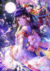 Rule 34 | 1girl, apple caramel, architecture, black hair, blue kimono, blush, bow, bubble, character request, closed mouth, commentary request, east asian architecture, fingernails, floral print, flower, full moon, hair bow, hair flower, hair ornament, head tilt, highres, holding, japanese clothes, kimono, layered clothes, layered kimono, long hair, long sleeves, looking at viewer, looking to the side, moon, night, night sky, official art, original, outdoors, pink flower, print kimono, purple eyes, red bow, sitting, sky, smile, solo, very long hair, wide sleeves