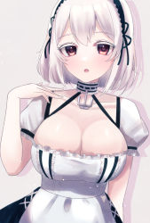 Rule 34 | 1girl, absurdres, anchor choker, apron, azur lane, black dress, breasts, cleavage, collar, colored eyelashes, dress, highres, junineu, large breasts, metal collar, puffy short sleeves, puffy sleeves, red eyes, short hair, short sleeves, simple background, sirius (azur lane), solo, two-tone dress, upper body, white apron, white background, white dress, white hair