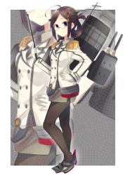 Rule 34 | 1girl, ahoge, alternate hairstyle, bad id, bad pixiv id, bespectacled, black pantyhose, blue eyes, brown hair, collared shirt, cosplay, epaulettes, folded ponytail, glasses, gloves, grey skirt, hair flaps, hair ornament, hand on own hip, jacket, kantai collection, katori (kancolle), katori (kancolle) (cosplay), looking at viewer, machinery, microskirt, military, military uniform, necktie, pantyhose, parted bangs, pointer, riding crop, sandals, shigure (kancolle), shirt, skirt, smile, solo, uniform, white gloves, yukichi (eikichi), zoom layer