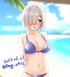 Rule 34 | 1girl, beach, bikini, blue eyes, blue sky, breasts, cleavage, cloud, dated, day, facing viewer, furaggu (frag 0416), grey hair, hair ornament, hair over one eye, hairclip, hamakaze (kancolle), highres, kantai collection, large breasts, looking to the side, one-hour drawing challenge, outdoors, purple bikini, short hair, sideways glance, sky, solo, swimsuit, twitter username
