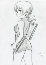 Rule 34 | 1girl, 2013, ass, china dress, chinese clothes, dated, dress, drill hair, female focus, from behind, holding, holding weapon, mahou shoujo madoka magica, monochrome, short dress, sleeveless, sleeveless dress, solo, takeshisu, tomoe mami, traditional media, weapon, white background