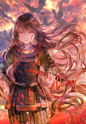 Rule 34 | 1girl, :d, armor, bird, black hair, blood, blood on face, cloud, cloudy sky, cowboy shot, crow, day, fate/grand order, fate (series), flower, hair between eyes, holding, holding sword, holding weapon, japanese armor, katana, koha-ace, long hair, looking at viewer, no headwear, oda nobunaga (fate), oda nobunaga (koha-ace), open mouth, outdoors, rioka (southern blue sky), sky, smile, solo, spider lily, standing, sword, very long hair, weapon