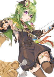 Rule 34 | 1girl, ahoge, black dress, blush, bow (weapon), bra, brown thighhighs, capelet, collei (genshin impact), commentary request, dress, genshin impact, green capelet, green hair, hair ornament, holding, holding bow (weapon), holding weapon, long hair, long sleeves, looking at viewer, miri (ago550421), parted lips, partial commentary, purple eyes, short dress, simple background, solo, thighhighs, thighlet, thighs, underwear, weapon, white background