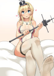 Rule 34 | 1girl, absurdres, bad id, bad pixiv id, blonde hair, blue eyes, blush, braid, breasts, collarbone, competition swimsuit, crossed legs, crown, feet, french braid, headband, heart, highres, kantai collection, long hair, looking at viewer, medium breasts, mini crown, on bed, one-piece swimsuit, open mouth, osananajimi neko, sidelocks, sitting, solo, staff, swimsuit, thighhighs, warspite (kancolle), white thighhighs