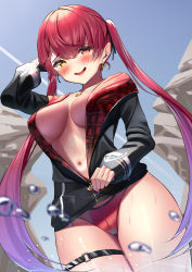Rule 34 | 1girl, bikini, bikini bottom only, black jacket, black ribbon, blush, breasts, commentary request, cowboy shot, dutch angle, earrings, gradient hair, hair between eyes, hair ribbon, heart, heart earrings, heart necklace, heterochromia, highres, hololive, houshou marine, houshou marine (summer), jacket, jewelry, large breasts, long hair, long sleeves, looking at viewer, multicolored hair, navel, necklace, no bra, nyaa28, o-ring, o-ring thigh strap, official alternate costume, open clothes, open jacket, open mouth, purple hair, red bikini, red eyes, red hair, ribbon, smile, solo, swimsuit, thigh strap, twintails, unzipping, very long hair, virtual youtuber, wet, yellow eyes