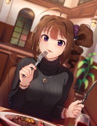 Rule 34 | 1girl, ahoge, alcohol, black sweater, blush, bracelet, breasts, brown hair, cup, drill hair, drinking glass, food, fork, holding, holding fork, holding knife, idolmaster, idolmaster million live!, idolmaster million live! theater days, indoors, jewelry, kamille (vcx68), knife, large breasts, lens flare, looking at viewer, necklace, parted lips, plant, plate, purple eyes, ribbed sweater, scrunchie, short hair, side drill, sitting, smile, solo, star (symbol), star necklace, steak, sweater, table, wine, wine glass, yokoyama nao
