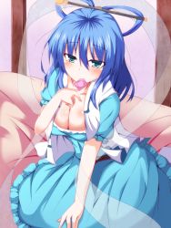 Rule 34 | 1girl, blue dress, blue eyes, blue hair, blush, breasts, cleavage, collarbone, condom, condom in mouth, dress, female focus, fookun, hair ornament, hair rings, hair stick, highres, kaku seiga, large breasts, long hair, looking at viewer, matching hair/eyes, mouth hold, naba (take tonbo), open clothes, open vest, puffy sleeves, shawl, short sleeves, smile, solo, touhou, vest