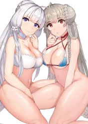 Rule 34 | 2girls, ahoge, azur lane, bad id, bad twitter id, bikini, bottomless, braid, breasts, choker, cleavage, collarbone, commentary request, criss-cross halter, double bun, flower, formidable (azur lane), formidable (the lady of the beach) (azur lane), hair bun, hair flower, hair ornament, halterneck, highres, illustrious (azur lane), large breasts, light smile, long hair, looking at viewer, mole, mole under eye, multiple girls, navel, parted lips, purple eyes, red eyes, sikijou77o, single hair bun, swimsuit, thighs, twintails, very long hair, white background