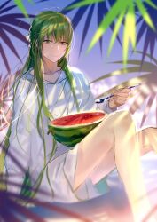 Rule 34 | 1other, androgynous, chain, enkidu (fate), fate/strange fake, fate (series), glowing, glowing clothes, glowing eyes, green eyes, green hair, hair between eyes, highres, long hair, looking at viewer, male focus, robe, rrr (reason), shirt, smile, solo, upper body, very long hair, white robe, white shirt, yellow eyes
