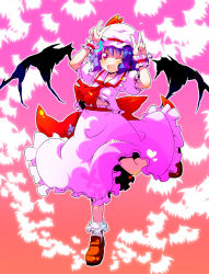Rule 34 | 1girl, bat (animal), bat wings, blue hair, blush, double v, female focus, full body, gradient background, heart, highres, one eye closed, open mouth, red eyes, remilia scarlet, solo, sw (taco), touhou, v, wings, wink