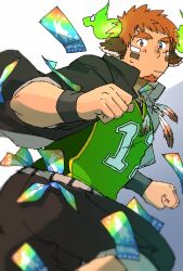 Rule 34 | 1boy, american football uniform, animal ears, ass, bara, black pants, blush, clenched hands, cow boy, cow ears, cow horns, facial hair, feet out of frame, fiery horns, floating clothes, forked eyebrows, gacha, gakuran, gameplay mechanics, glowing horns, goatee, haishiba ame, highres, horns, light blush, looking at viewer, looking to the side, male focus, money, muscular, muscular male, outstretched arms, pants, pants rolled up, pectorals, running, school uniform, short hair, sideburns stubble, sideways mouth, sleeves rolled up, solo, spiked hair, sportswear, spread arms, stubble, thick eyebrows, tokyo houkago summoners, tucked money, turning around, wakan tanka