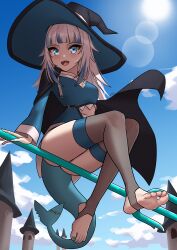 Rule 34 | 1girl, absurdres, barefoot, black hat, blue eyes, blush, feet, fins, fish tail, gawr gura, hat, highres, hololive, hololive english, long hair, looking at viewer, multicolored hair, open mouth, polearm, shark tail, sharp teeth, soles, stirrup legwear, streaked hair, tail, teeth, toeless legwear, toes, trident, virtual youtuber, weapon, white hair, witch, witch hat, x xith x