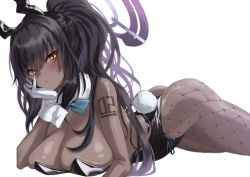 Rule 34 | 1girl, animal ears, ass, bare shoulders, black hair, black leotard, blue archive, blush, bow, bowtie, breasts, cleavage, dark-skinned female, dark skin, detached collar, fake animal ears, fishnet pantyhose, fishnets, gloves, highleg, highleg leotard, highres, karin (blue archive), karin (bunny) (blue archive), kumamiya, large breasts, leotard, long hair, looking at viewer, lying, number tattoo, on stomach, pantyhose, playboy bunny, ponytail, rabbit ears, shoulder tattoo, sidelocks, solo, tattoo, thighs, traditional bowtie, white gloves, yellow eyes