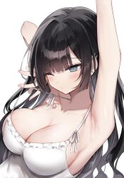 Rule 34 | 1girl, absurdres, arm up, armpits, black hair, blue eyes, blush, breasts, camisole, cleavage, closed mouth, collarbone, commission, dot mouth, ear bar, ear piercing, highres, large breasts, long hair, looking at viewer, original, parted bangs, piercing, pulling own clothes, simple background, skeb commission, skindentation, solo, strap pull, tearing up, upper body, white background, white camisole, yonako (123456nya)