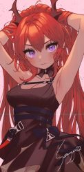 Rule 34 | 1girl, arknights, armpits, arms up, bare arms, belt, black belt, black dress, blush, breasts, cleavage, commentary request, dress, hair between eyes, hair intakes, highres, horns, ice s s z, long hair, looking at viewer, medium breasts, pink background, purple eyes, red hair, simple background, sleeveless, sleeveless dress, solo, surtr (arknights), upper body, very long hair