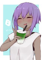 Rule 34 | 1girl, :d, ^ ^, blue background, blush, bubble tea, closed eyes, cup, dark skin, dark-skinned female, disposable cup, drinking straw, eighth note, closed eyes, facing viewer, fate/prototype, fate/prototype: fragments of blue and silver, fate (series), hassan of serenity (fate), holding, holding cup, i.u.y, musical note, open mouth, purple hair, shirt, sleeveless, sleeveless shirt, smile, solo, spoken musical note, star (symbol), translation request, two-tone background, upper body, v, white background, white shirt