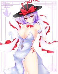 Rule 34 | 1girl, alternate costume, black hat, bow, breasts, cleavage, closed mouth, covered navel, detached collar, frilled shawl, frills, gloves, hair between eyes, hat, hat bow, heart, highres, large breasts, leotard, looking at viewer, nagae iku, red bow, red eyes, shawl, shunki, smile, solo, touhou, white background, white gloves, white leotard