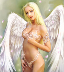 Rule 34 | 1girl, angel, angel wings, armor, blonde hair, blue eyes, breasts, character request, cleavage, feathers, lipstick, long hair, looking at viewer, makeup, monster girl, nail polish, realistic, sad, shouxuefeiteng (online), solo, source request, standing, tears, wings