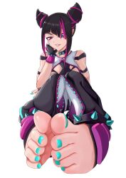 1girl absurdres barefoot black_hair blue_eyes feet grin hair_horns han_juri heterochromia highres long_hair parted_lips pink_eyes smile soles street_fighter toes zdlh