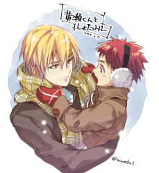 Rule 34 | 2boys, aged down, blonde hair, carrying, child, coat, commentary request, dated, earmuffs, kagami taiga, kise ryouta, kuroko no basuke, long sleeves, looking at another, male focus, mittens, multiple boys, red eyes, red hair, scarf, short hair, smile, time paradox, torisu, winter clothes, winter coat, yellow eyes