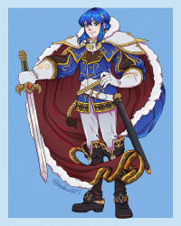 Rule 34 | 1boy, armor, belt, blue cape, blue hair, boots, cape, coat, commission, commissioner upload, fire emblem, fire emblem: genealogy of the holy war, hand on own hip, headband, holding, holding sword, holding weapon, lilkrart, looking at viewer, nintendo, seliph (fire emblem), sheath, shoulder armor, sidelocks, simple background, sword, weapon, white headband