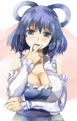 Rule 34 | 1girl, bare shoulders, blue eyes, blue hair, blush, breast hold, breasts, cleavage, detached sleeves, female focus, fingers to mouth, gradient background, hair rings, kaku seiga, large breasts, long hair, looking at viewer, matching hair/eyes, open mouth, smile, solo, touhou, upper body, yohane