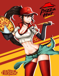 Rule 34 | 1girl, blue eyes, breasts, brown hair, cars, choker, cleavage, clothes around waist, elbow gloves, fingerless gloves, food, gloves, hat, highres, jazz jack, league of legends, long hair, looking at viewer, medium breasts, midriff, pepperoni, pizza, pizza delivery sivir, ponytail, red thighhighs, shirt, shirt around waist, sivir, smile, stuffed crust, thighhighs