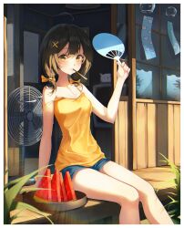 Rule 34 | 1girl, 2gong (9ujin ), ahoge, bare arms, bare shoulders, black hair, blue shorts, border, bow, breasts, brown eyes, camisole, commentary request, day, electric fan, food, fruit, hair bow, hair ornament, hand fan, holding, holding fan, hot, long hair, looking at viewer, low twintails, medium breasts, mouth hold, original, paper fan, popsicle, shirt, short shorts, shorts, sitting, sleeveless, sleeveless shirt, solo, spaghetti strap, strap slip, summer, sunlight, sweat, thighs, twintails, veranda, watermelon, watermelon slice, white border, wind chime, x hair ornament, yellow shirt