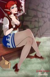 Rule 34 | 1girl, absurdres, anju, blue eyes, breasts, cleavage, curvy, high heels, highres, large breasts, crossed legs, lipstick, loafers, long legs, makeup, nintendo, nose, parasol, pencil skirt, pointy ears, pumps, r3dfive, red hair, shoes, short hair, skirt, sleeves rolled up, smile, solo, the legend of zelda, the legend of zelda: majora&#039;s mask, thick thighs, thighs, umbrella, watermark, web address