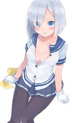 Rule 34 | 10s, 1girl, blue eyes, blush, breasts, cleavage, gloves, hair ornament, hair over one eye, hairclip, hamakaze (kancolle), highres, kantai collection, looking at viewer, open clothes, open shirt, pantyhose, pleated skirt, school uniform, serafuku, shirt, short hair, silver hair, sitting, skirt, solo, suppaman (rfjy), sweat, towel
