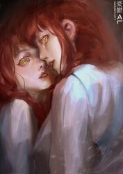 Rule 34 | 011012 art, 2girls, chainsaw man, clone, collared shirt, demon girl, highres, looking ahead, makima (chainsaw man), multiple girls, nose, parted lips, red hair, ringed eyes, shirt, yellow eyes