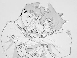 Rule 34 | 1boy, 2girls, animal ears, blush, boy and girl sandwich, brother and sister, closed eyes, commentary, dog ears, dungeon meshi, elf, english commentary, falin thorden, greyscale, hug, kemonomimi mode, laios thorden, long hair, long sleeves, marcille donato, monochrome, multiple girls, parted lips, pointy ears, samipeko, sandwiched, shirt, short hair, siblings, sweatdrop