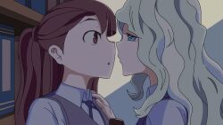 Rule 34 | 2girls, animated, animated gif, blonde hair, blue eyes, book, bookshelf, brown eyes, brown hair, commentary request, diana cavendish, french kiss, hand on another&#039;s shoulder, highres, kagari atsuko, kiss, little witch academia, multiple girls, weibo 5736829434, yuri
