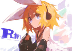 Rule 34 | 1girl, absurdres, bare shoulders, black sailor collar, blonde hair, blue eyes, bow, closed mouth, detached sleeves, hair bow, hair ornament, hand up, headphones, highres, kaamin (mariarose753), kagamine rin, long hair, looking at viewer, parted bangs, sailor collar, shirt, sidelocks, simple background, sleeveless, sleeves past wrists, solo, upper body, vocaloid, white bow, white shirt