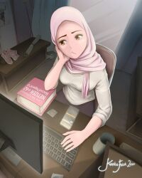 Rule 34 | book, chair, computer, cup, desk, highres, hijab, komikus fasik, looking at screen, monitor, phone, poster (object), room, screen, shirt, shoes, sitting, watermark