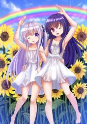Rule 34 | 10s, 2girls, ;d, arm up, armpits, bare legs, bare shoulders, barefoot, blue hair, blue sky, collarbone, commentary, day, dress, fang, flower, gotou jun, hair ribbon, half updo, hand on another&#039;s hip, highres, kazenokaze, long hair, looking at viewer, momijidani nozomi, multiple girls, one eye closed, open mouth, pink eyes, purple eyes, rain, rainbow, ribbon, see-through, side ponytail, silver hair, sky, smile, strap slip, sundress, sunflower, tenshi no 3p!, water drop, wet, wet clothes, wet dress, white dress
