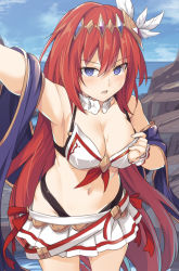 Rule 34 | 1girl, alexiel (summer) (granblue fantasy), bare shoulders, bikini, blue eyes, breasts, cleavage, commentary request, day, feather hair ornament, feathers, godsworn alexiel, granblue fantasy, hair between eyes, hair ornament, large breasts, long hair, looking at viewer, navel, outdoors, pleated skirt, red hair, red ribbon, ribbon, shiseki hirame, skirt, solo, swimsuit, white bikini, white feathers, white skirt